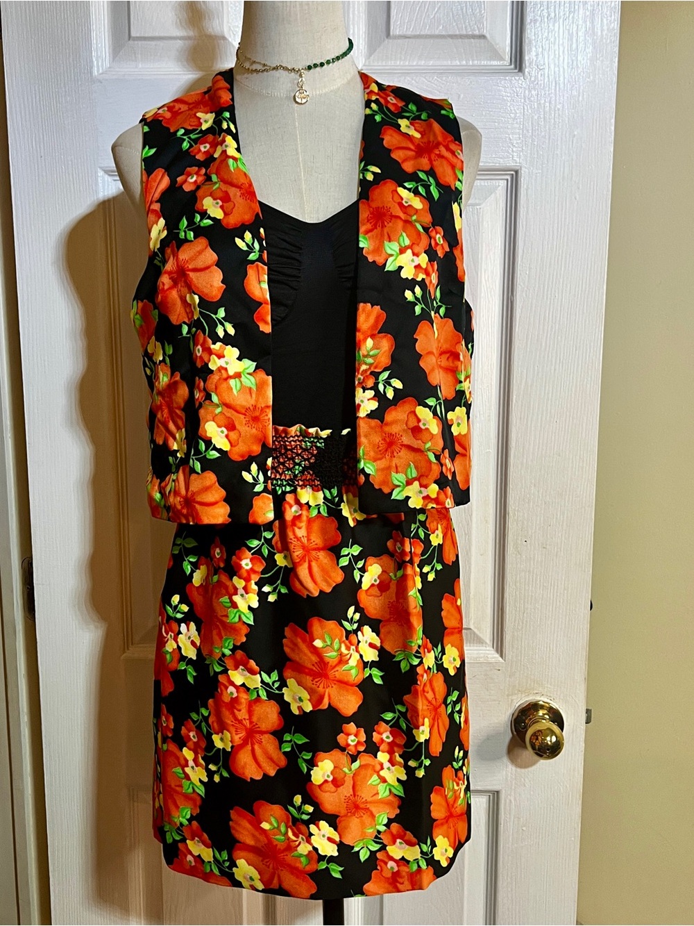 Vtg Wms 2Pc Floral Coral Vest Mini Skirt Retro Preppy Mod Boho Casual Set M/L